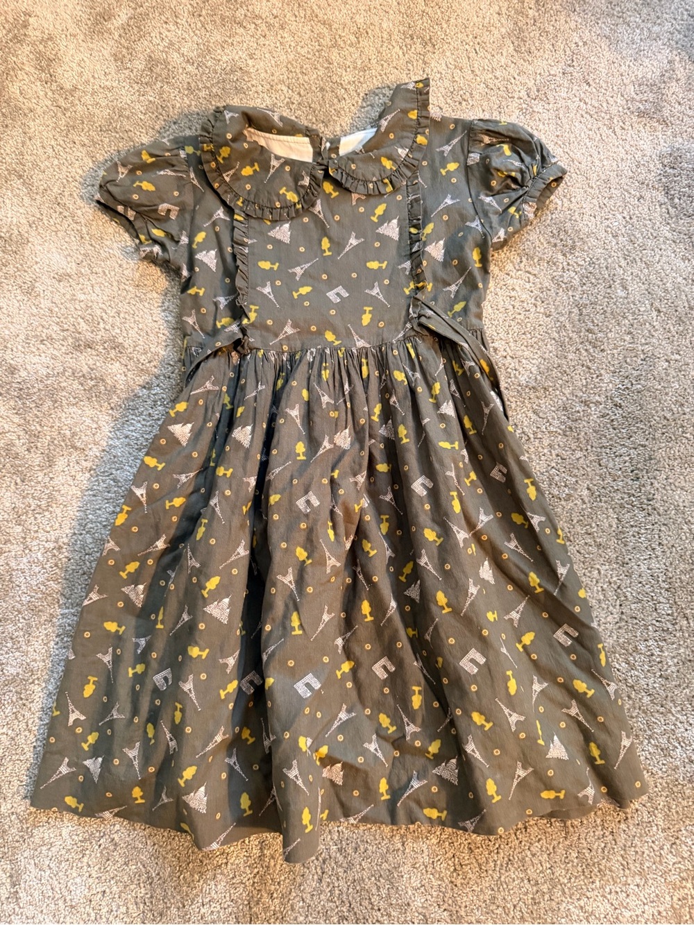 Rachel Riley Paris Print Girls Peter Pan Collar Dress – Size 5 Olive
